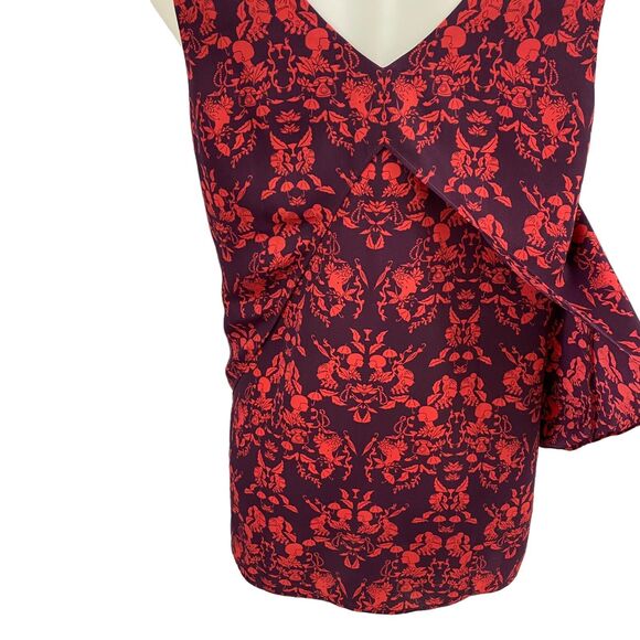 CAbi Top Style #3258 Womens Medium Cameo Print Red Purple Split Back Blouse Work - Picture 6 of 16